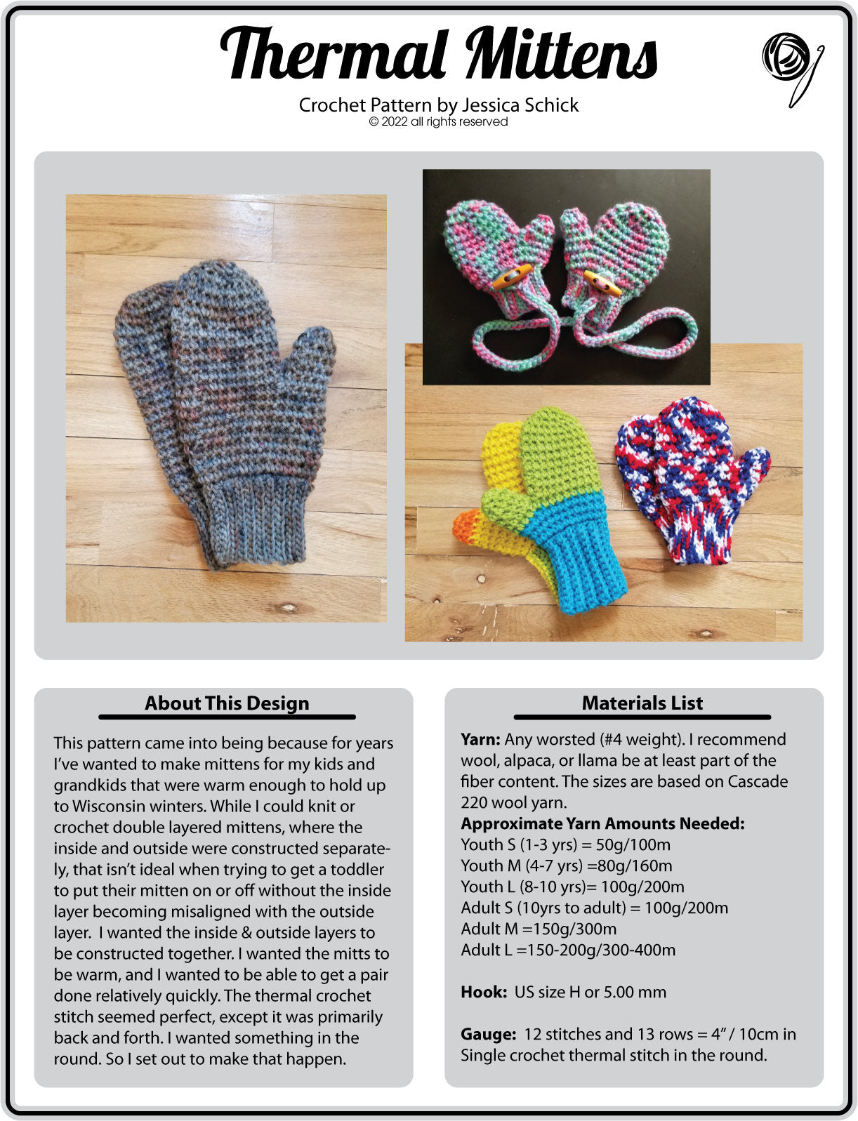 Thermal Mittens - PDF Crochet Pattern - Toddler, Child, Adult Sizes - Jessmakenknit