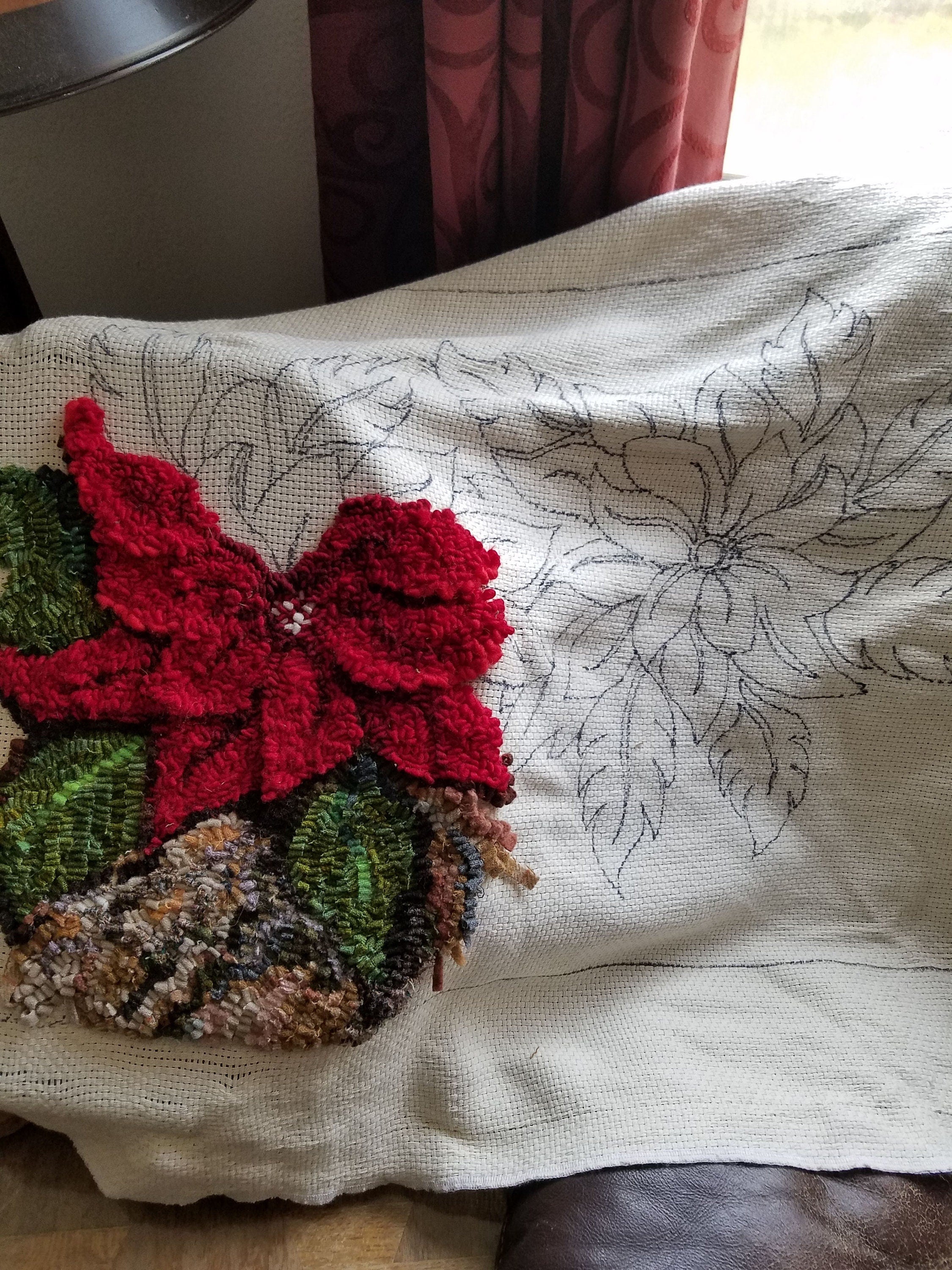 Poinsettia Pair - Rug Hooking PATTERN on Rug Warp / Linen / Burlap / Paper